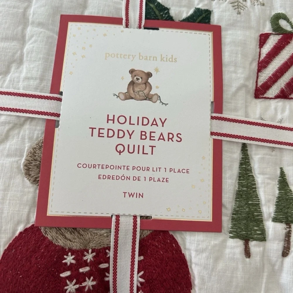 Pottery Barn Kids Teddy Bear Holiday TWIN Quilt & Pillow Sham NEW